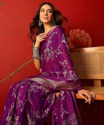 Purple silk cotton printed saree with unstitched blouse piece. 1