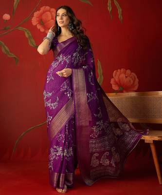 Purple silk cotton printed saree with unstitched blouse piece. 2