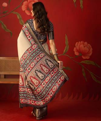 Cream silk cotton printed saree with unstitched blouse piece. 3