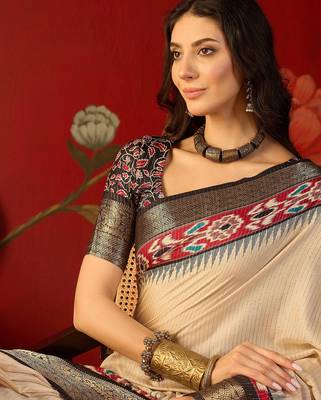 Cream silk cotton printed saree with unstitched blouse piece. 4