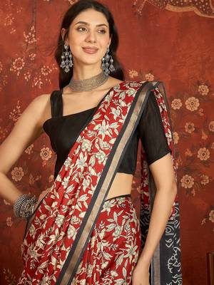 Red silk cotton printed saree with unstitched blouse piece. 4