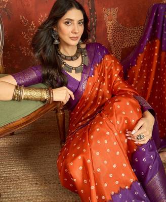 Orange silk cotton printed saree with unstitched blouse piece. 2