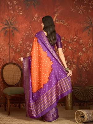Orange silk cotton printed saree with unstitched blouse piece. 3