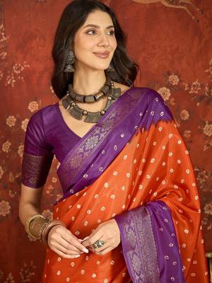 Orange silk cotton printed saree with unstitched blouse piece. 4
