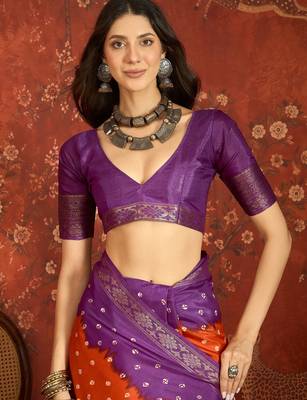 Orange silk cotton printed saree with unstitched blouse piece. 5
