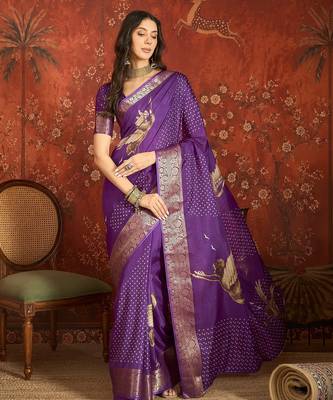 Purple silk cotton printed saree with unstitched blouse piece. 1