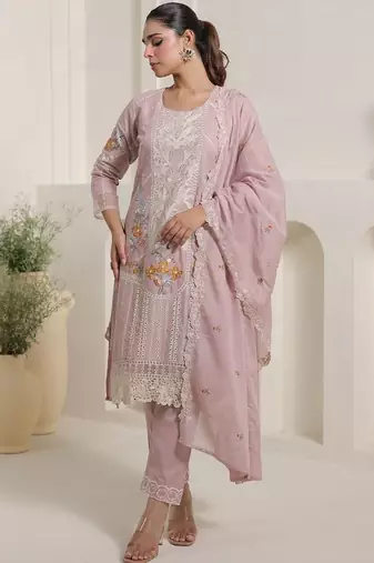 women ethnic motifs embroidered regular thread work  cotton kurta with trousers & with dupatta