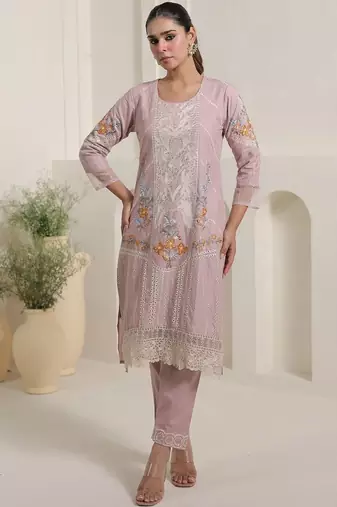 women ethnic motifs embroidered regular thread work  cotton kurta with trousers & with dupatta