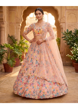 Pastel Peach Floral Embroidered Lehenga Choli with Net Dupatta 1