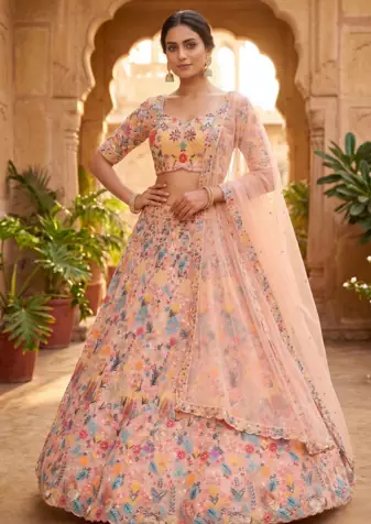 Pastel Peach Floral Embroidered Lehenga Choli with Net Dupatta