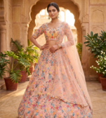 Pastel Peach Floral Embroidered Lehenga Choli with Net Dupatta