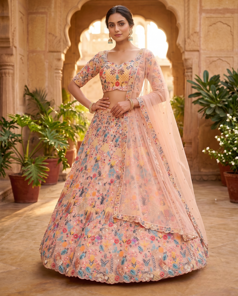 Pastel Peach Floral Embroidered Lehenga Choli with Net Dupatta