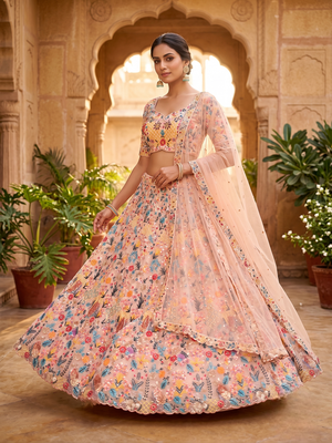 Pastel Peach Floral Embroidered Lehenga Choli with Net Dupatta 2