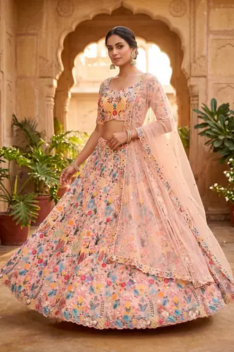 Pastel Peach Floral Embroidered Lehenga Choli with Net Dupatta