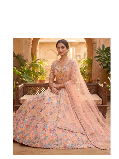 Pastel Peach Floral Embroidered Lehenga Choli with Net Dupatta 3