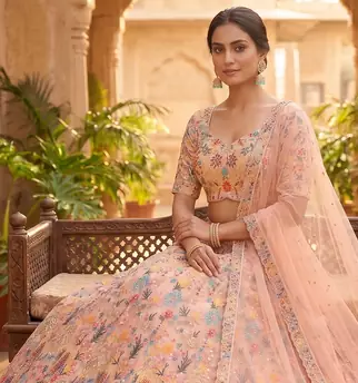 Pastel Peach Floral Embroidered Lehenga Choli with Net Dupatta