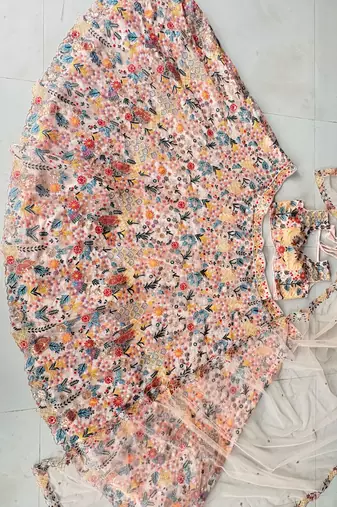 Pastel Peach Floral Embroidered Lehenga Choli with Net Dupatta