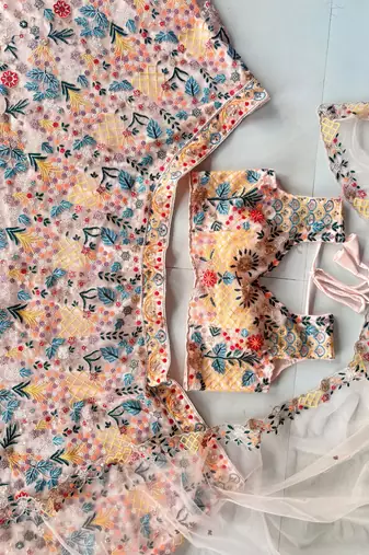 Pastel Peach Floral Embroidered Lehenga Choli with Net Dupatta