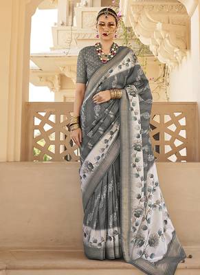 Grey silk blend foil print saree 1