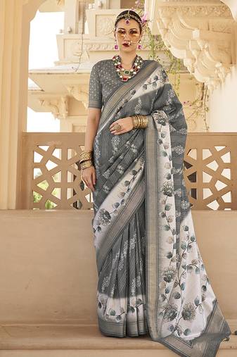 Grey silk blend foil print saree