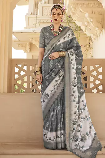 Grey silk blend foil print saree