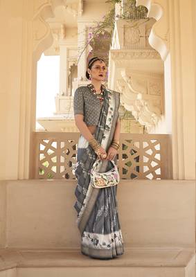 Grey silk blend foil print saree 2