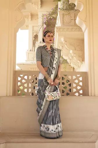 Grey silk blend foil print saree