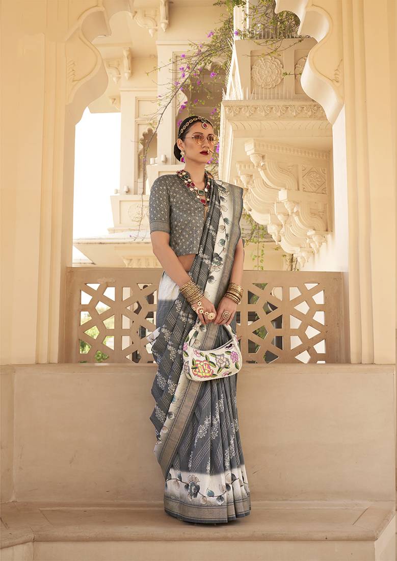 Grey silk blend foil print saree