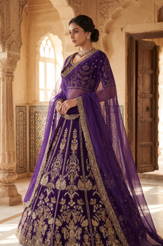 Royal Purple Heavy Embroidered Lehenga Choli with Gold Work & Faux Georgette Dupatta