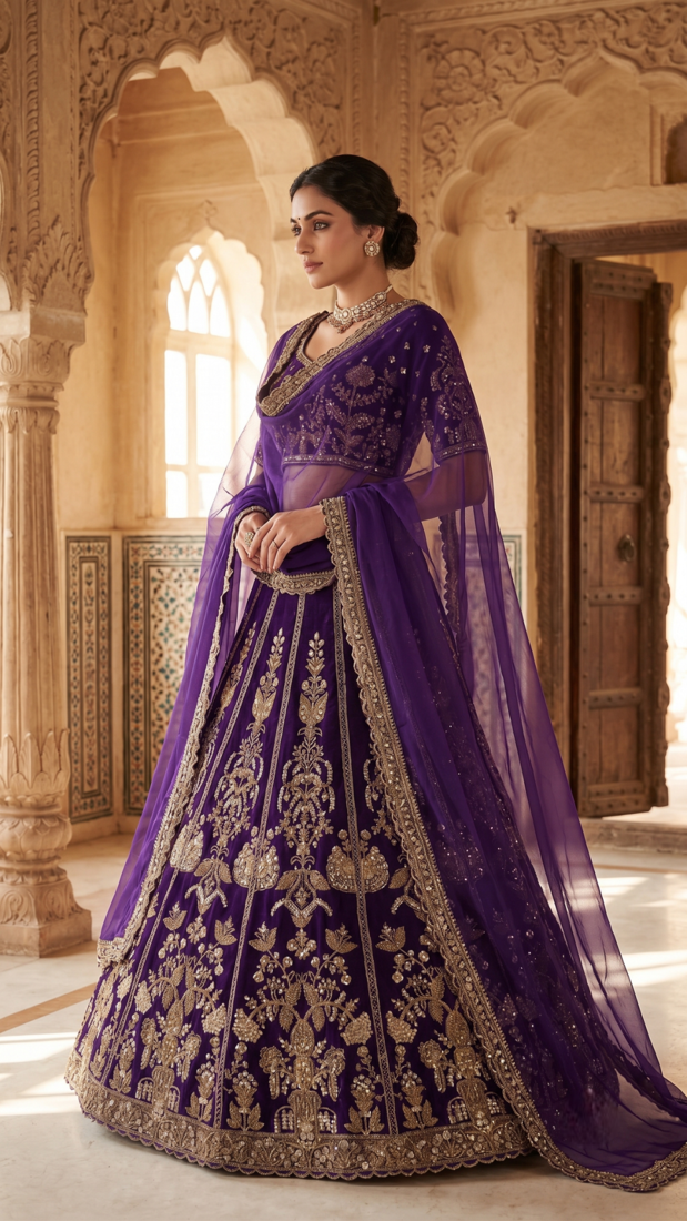 Royal Purple Heavy Embroidered Lehenga Choli with Gold Work & Faux Georgette Dupatta