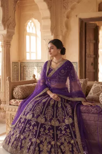 Royal Purple Heavy Embroidered Lehenga Choli with Gold Work & Faux Georgette Dupatta