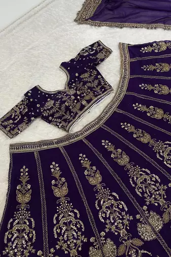 Royal Purple Heavy Embroidered Lehenga Choli with Gold Work & Faux Georgette Dupatta