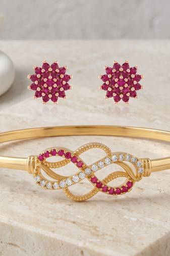 Brass moissanite and natural ruby kada earring set for women free-size