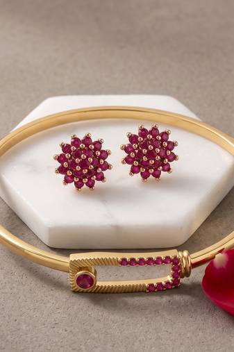 Brass natural ruby kada earring set for women free-size