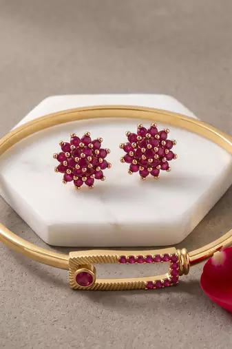 Brass natural ruby kada earring set for women free-size