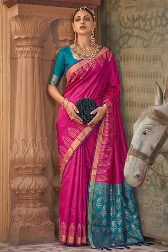 pink colour dola silk blend printed saree with blouse 