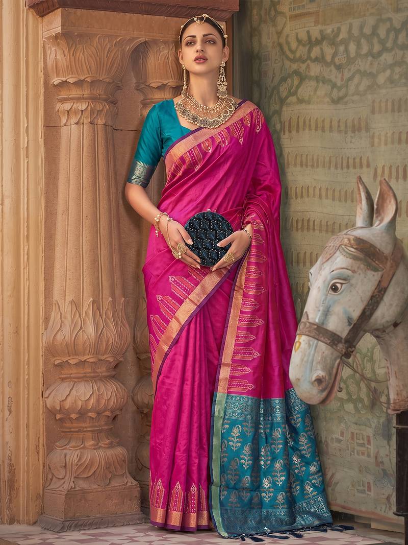 pink colour dola silk blend printed saree with blouse 