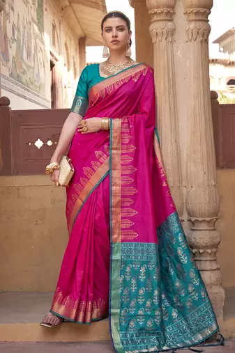 pink colour dola silk blend printed saree with blouse 