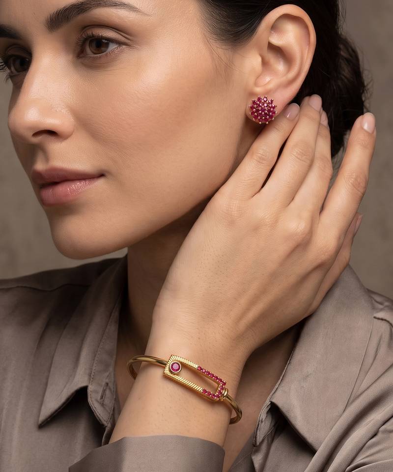 Brass natural ruby kada earring set for women free-size