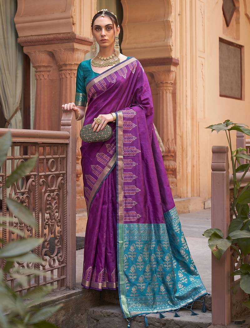 puirple colour dola silk blend printed saree with blouse 