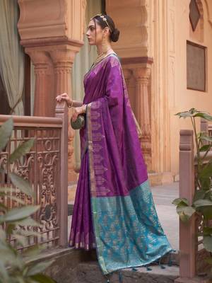 puirple colour dola silk blend printed saree with blouse  2