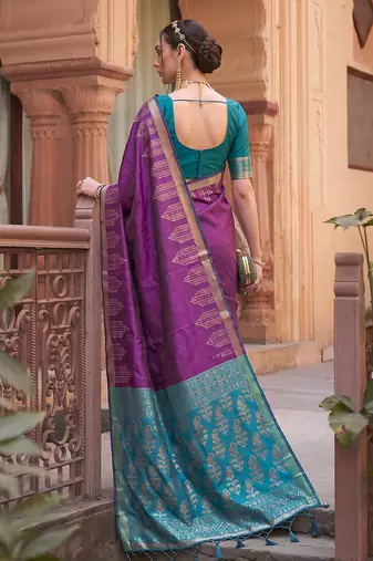 puirple colour dola silk blend printed saree with blouse 