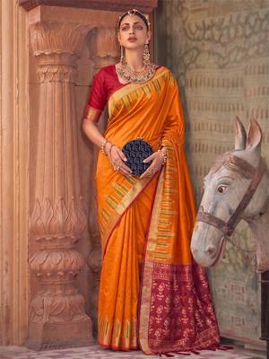 orange colour dola silk blend printed saree with blouse  1