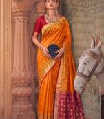 orange colour dola silk blend printed saree with blouse 