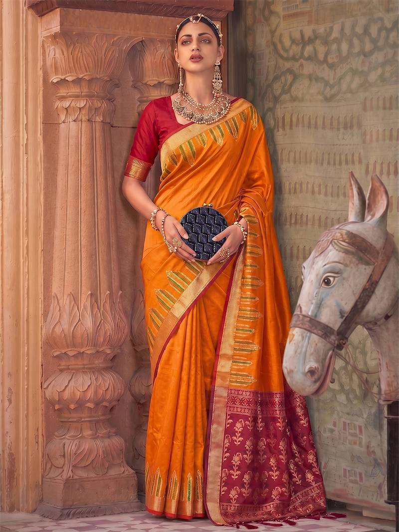 orange colour dola silk blend printed saree with blouse 