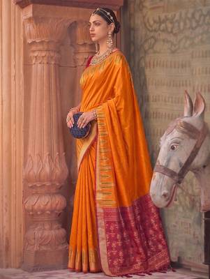 orange colour dola silk blend printed saree with blouse  2