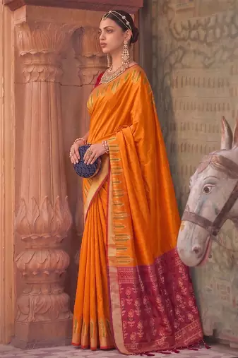 orange colour dola silk blend printed saree with blouse 