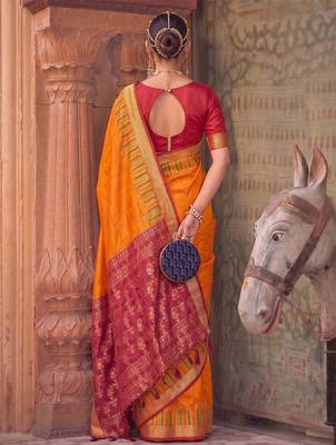 orange colour dola silk blend printed saree with blouse  3