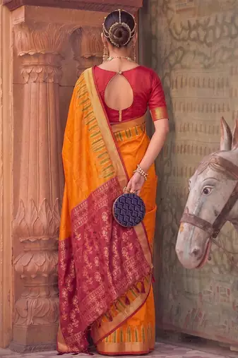 orange colour dola silk blend printed saree with blouse 