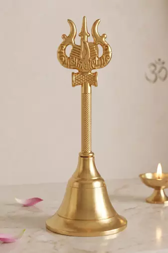 Brass gold bell with mahakal trishul stem